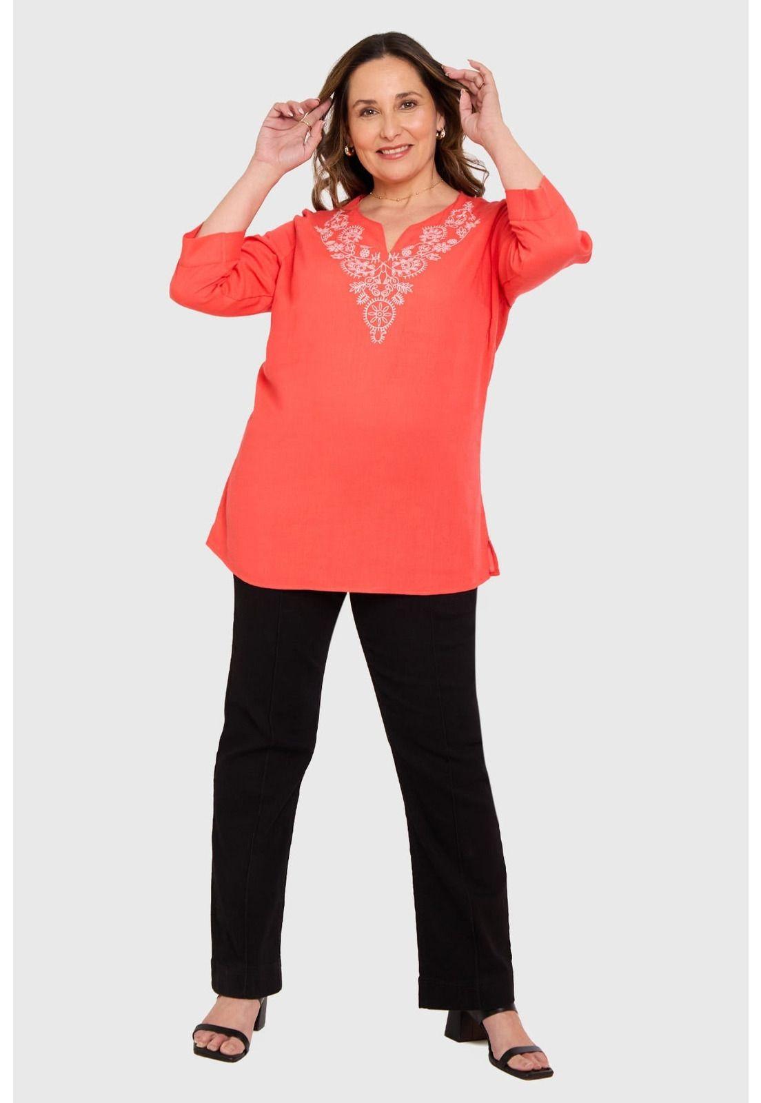 Blusa Mujer Lino Roll Up Coral-3