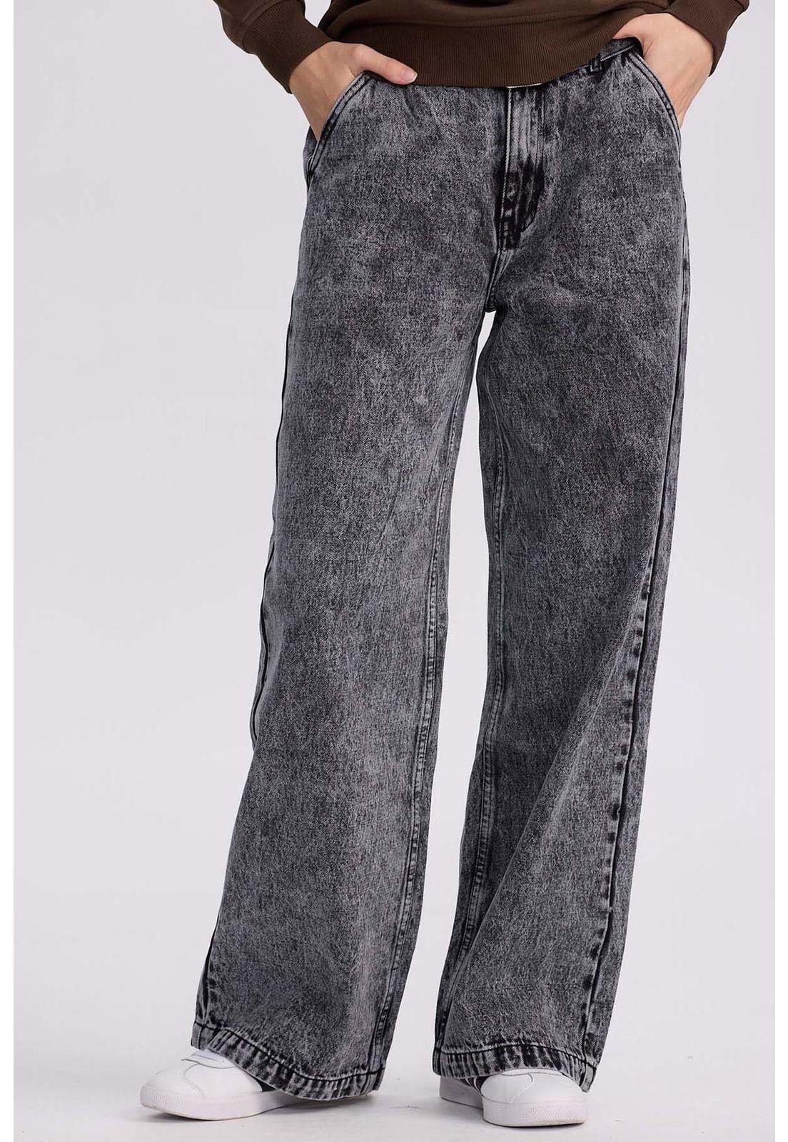 Jeans Mujer Wide Leg Cinturón Gris Oscuro-0