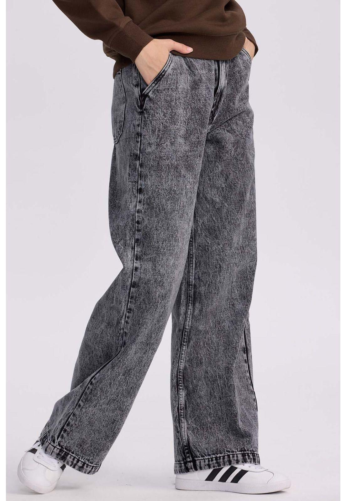 Jeans Mujer Wide Leg Cinturón Gris Oscuro-1
