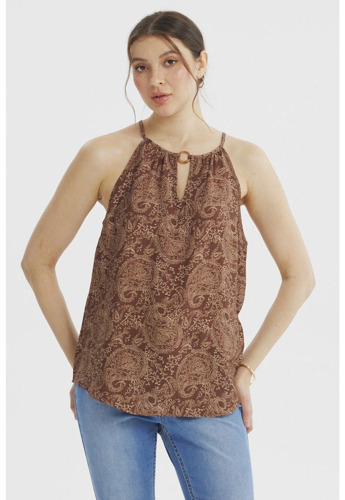 Blusa Mujer Halter Estampada Café Claro-0