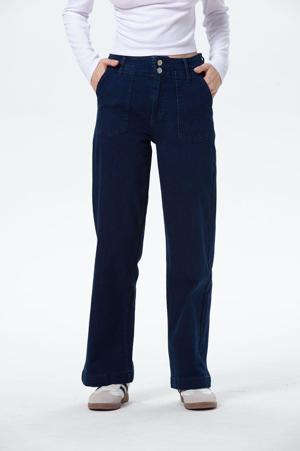 Jeans Mujer Bolsillo Calce Recto Azul Índigo-0