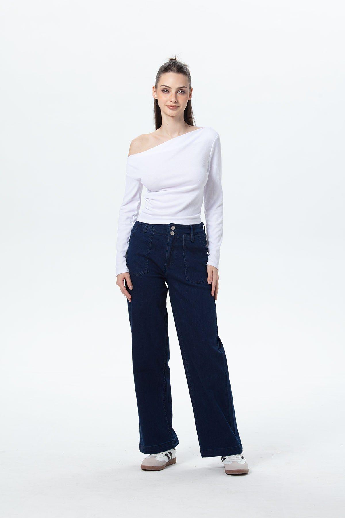 Jeans Mujer Bolsillo Calce Recto Azul Índigo-2