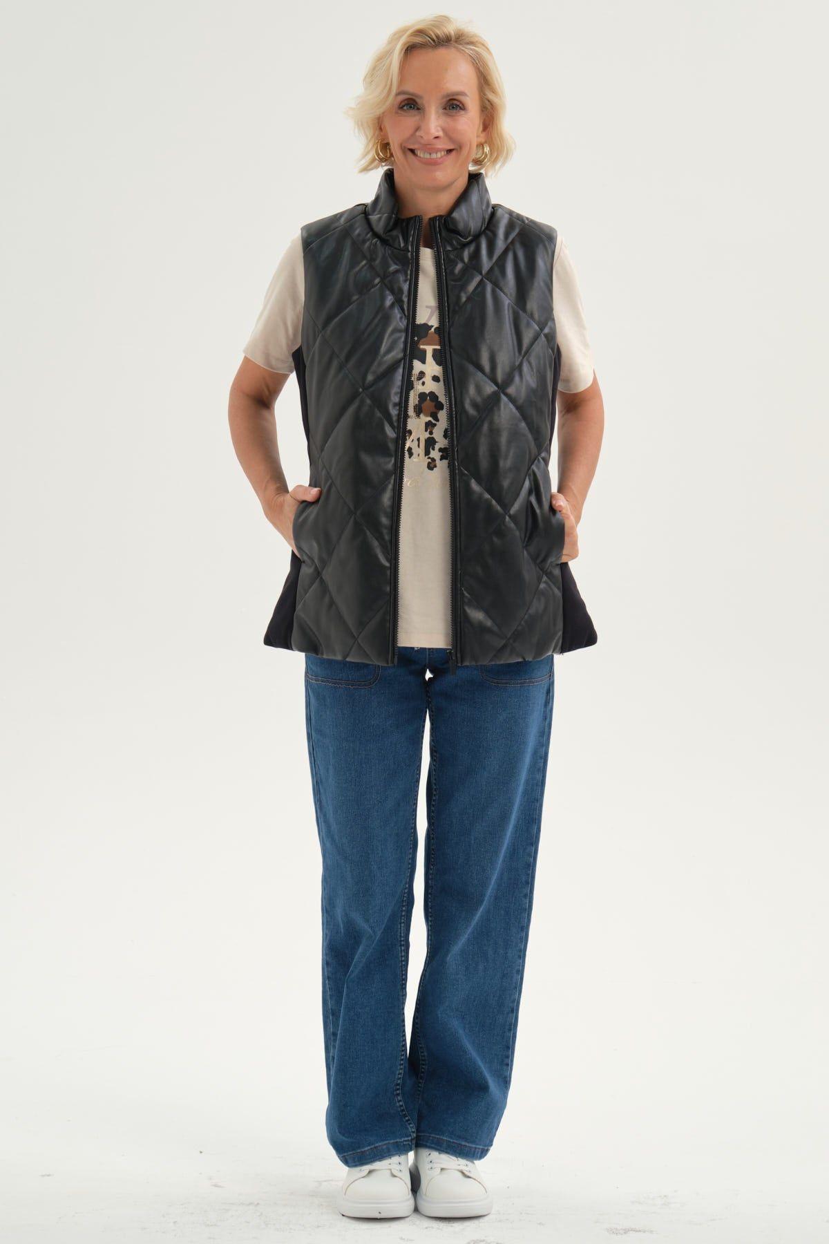 Chaqueta Mujer Efecto Cuero Bomber Negro-3