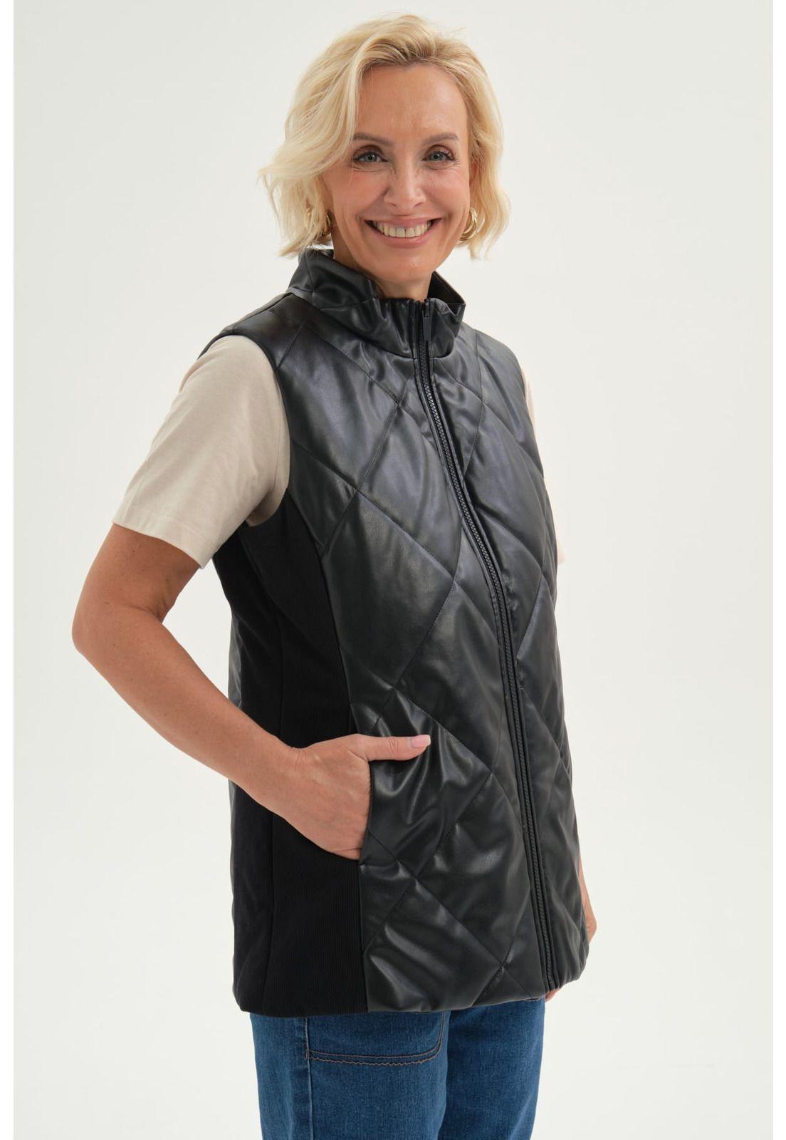 Chaqueta Mujer Efecto Cuero Bomber Negro-1