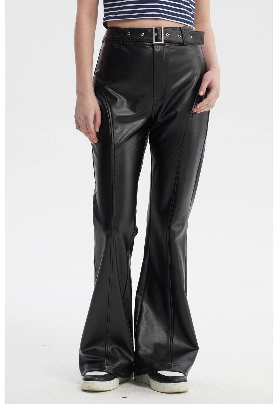 Pantalón Mujer Flare Efecto Cuero Negro-0