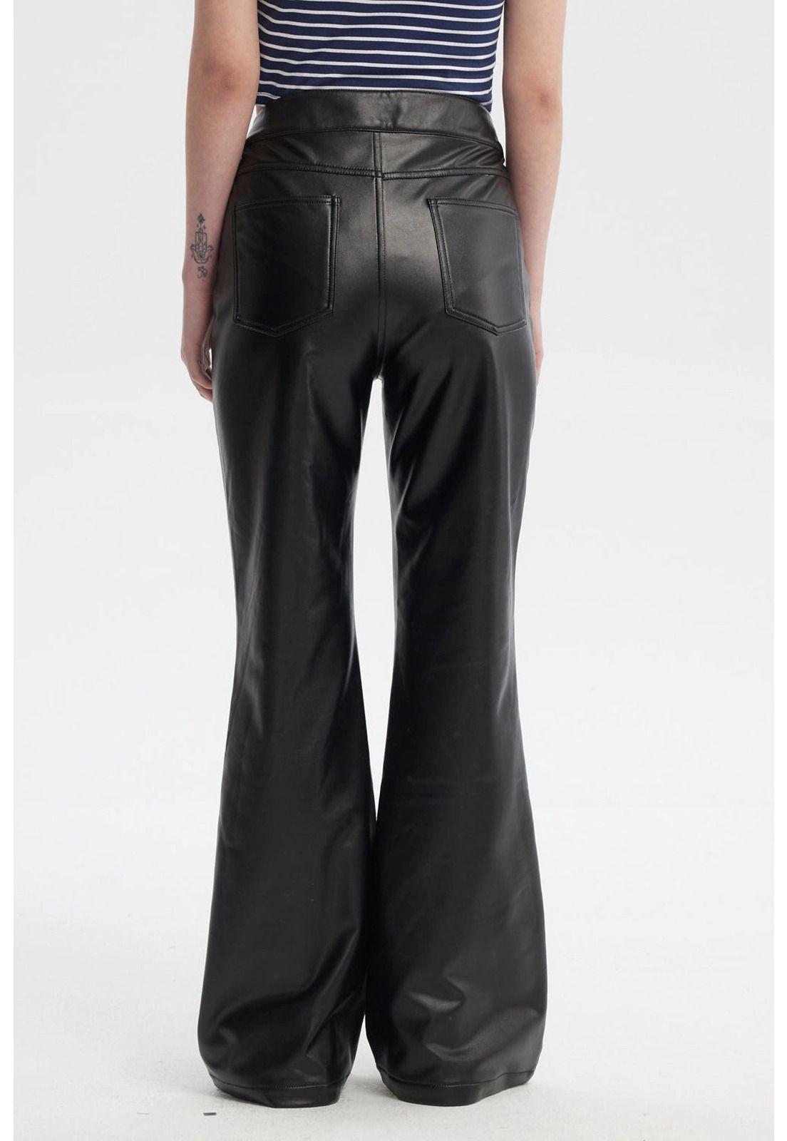 Pantalón Mujer Flare Efecto Cuero Negro-2