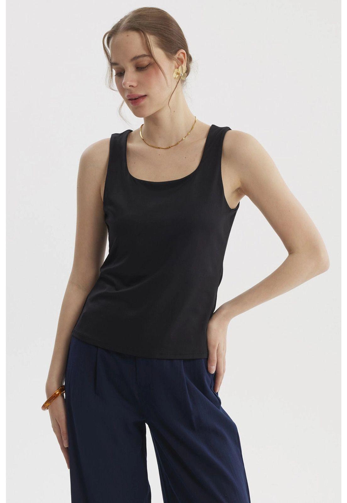 Polera Mujer Lisa Doble Capa Negro- ll-0
