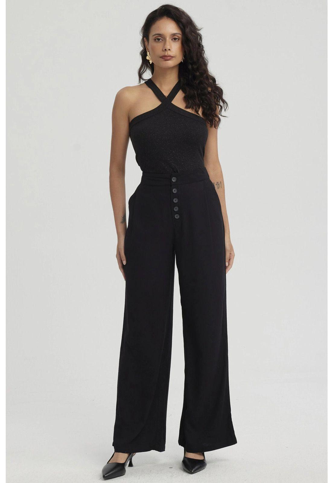 Pantalón Mujer Sastrero Botones Decorativo Negro-3