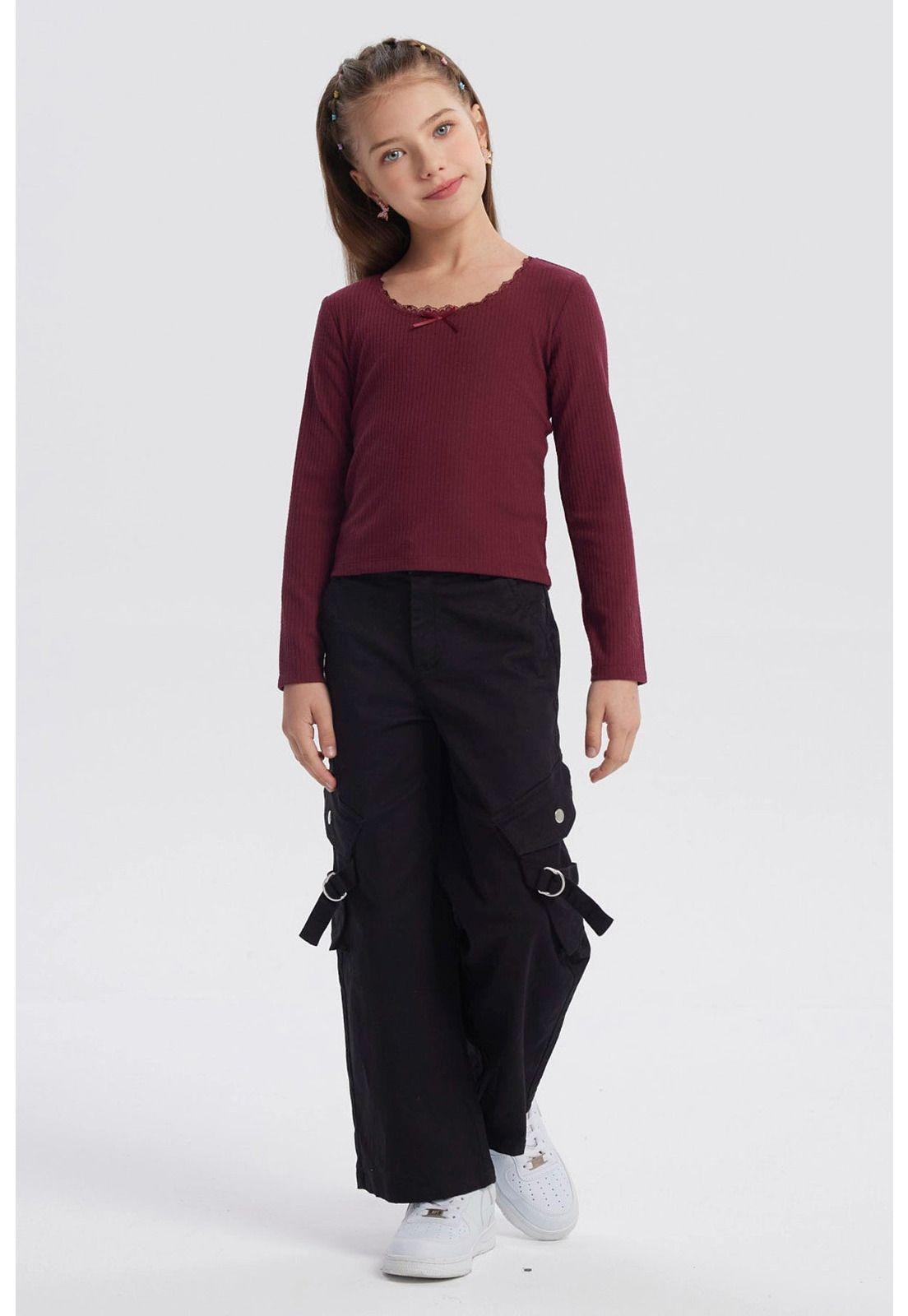 Polera Niña Cuello Encaje Burdeo-3