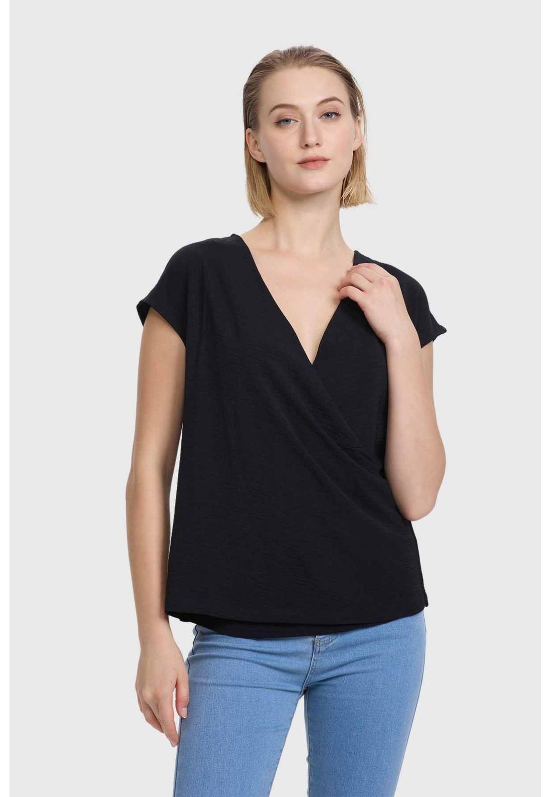Blusa Mujer Manga Caída Escote Cruz Negro-0