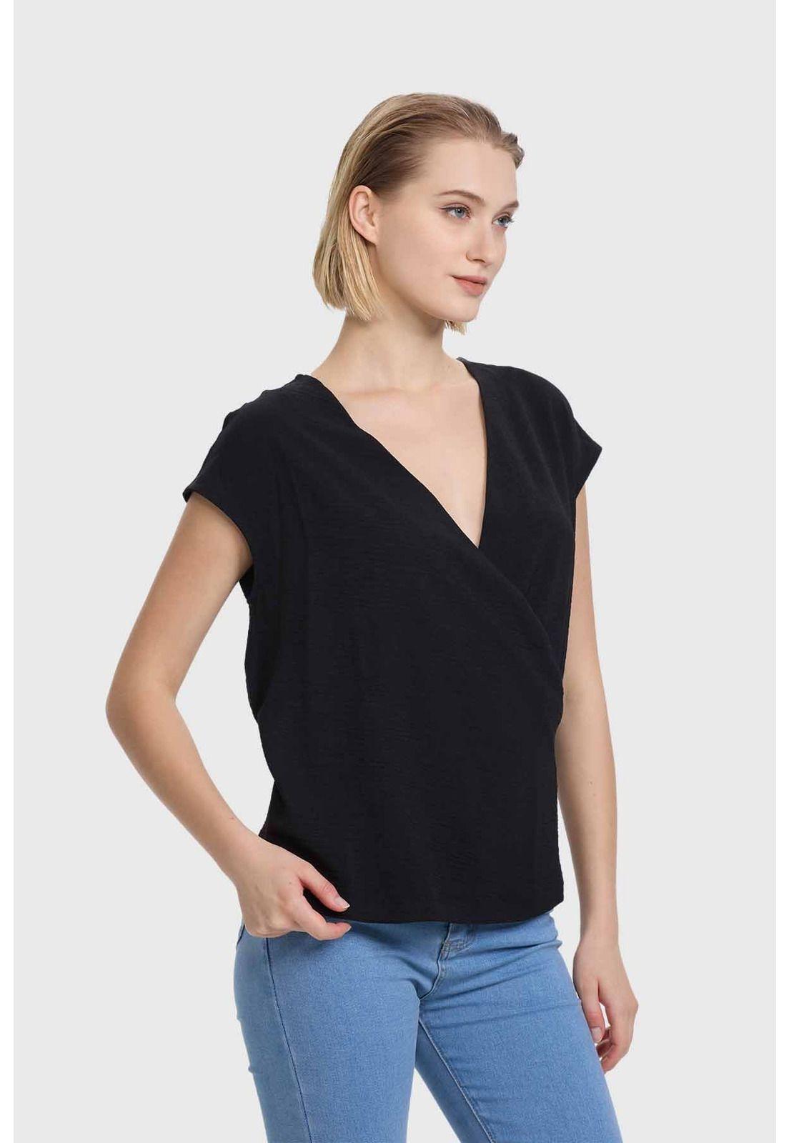 Blusa Mujer Manga Caída Escote Cruz Negro-1