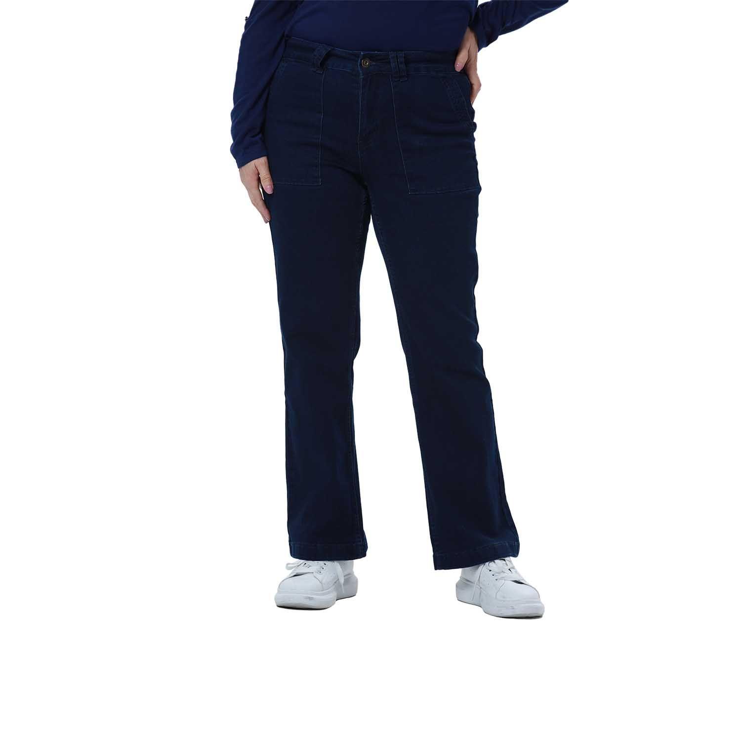 Jeans Mujer Flare Bolsillo Parche Azul Oscuro-0