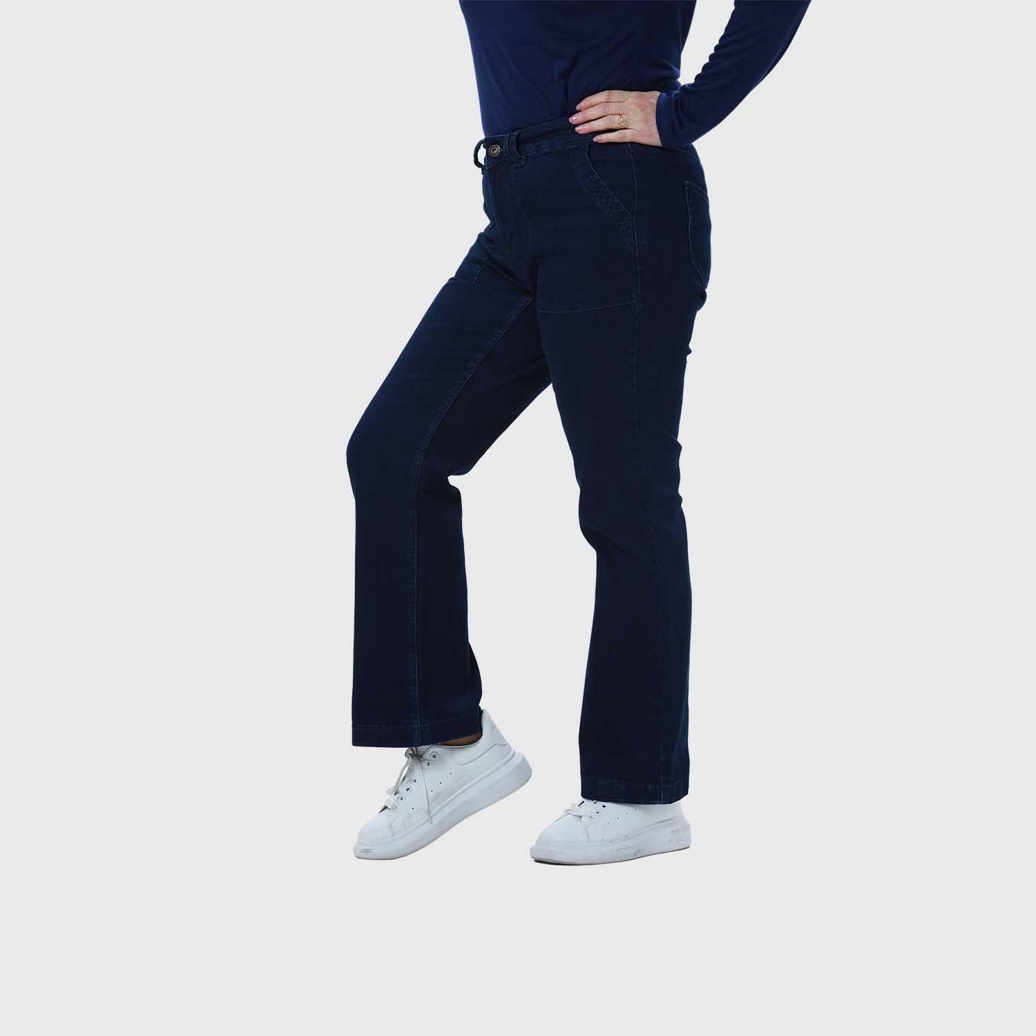 Jeans Mujer Flare Bolsillo Parche Azul Oscuro-1
