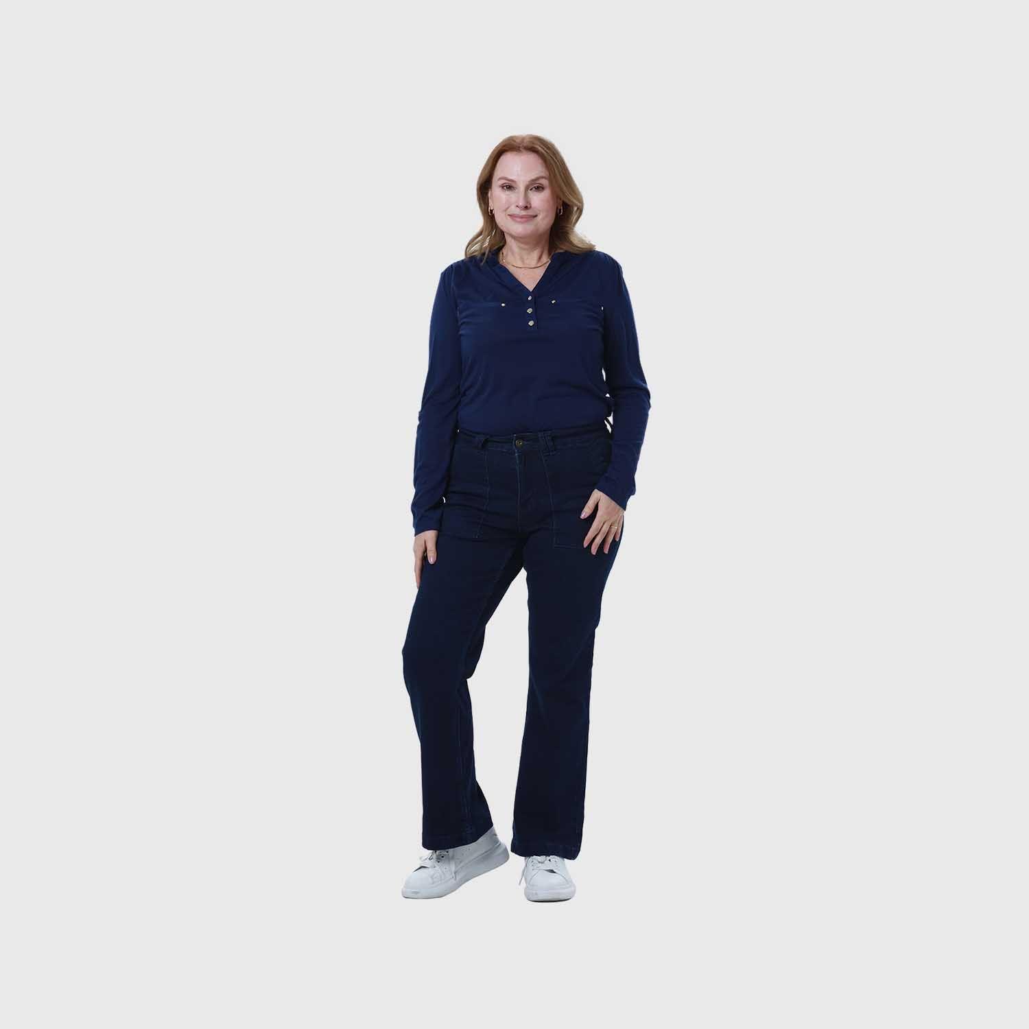 Jeans Mujer Flare Bolsillo Parche Azul Oscuro-3