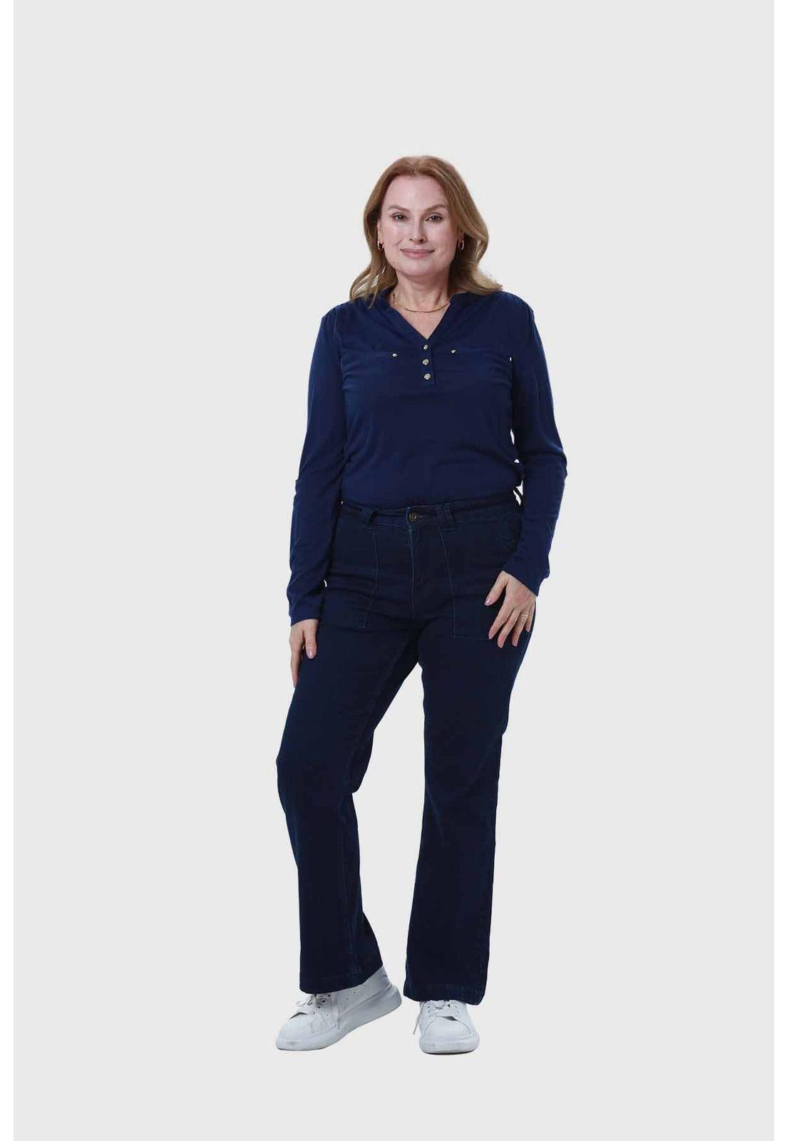 Jeans Mujer Flare Bolsillo Parche Azul-3