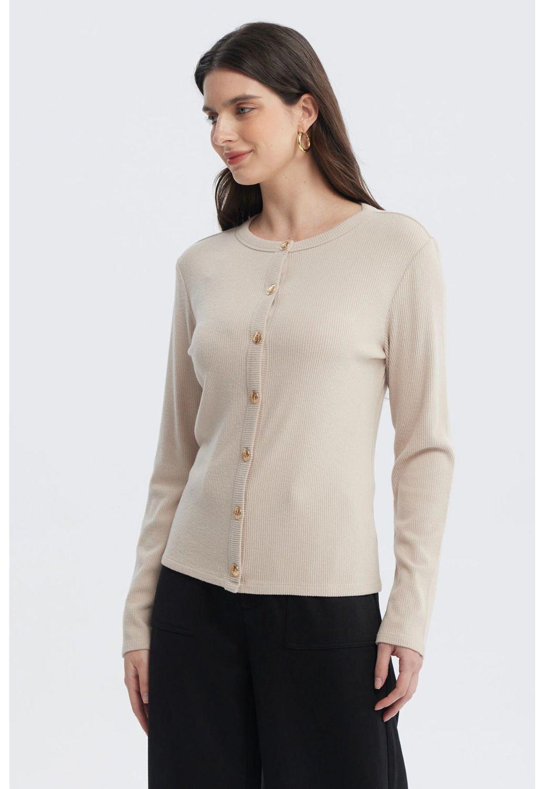 Sweater Mujer Aplicación Botones Beige-1