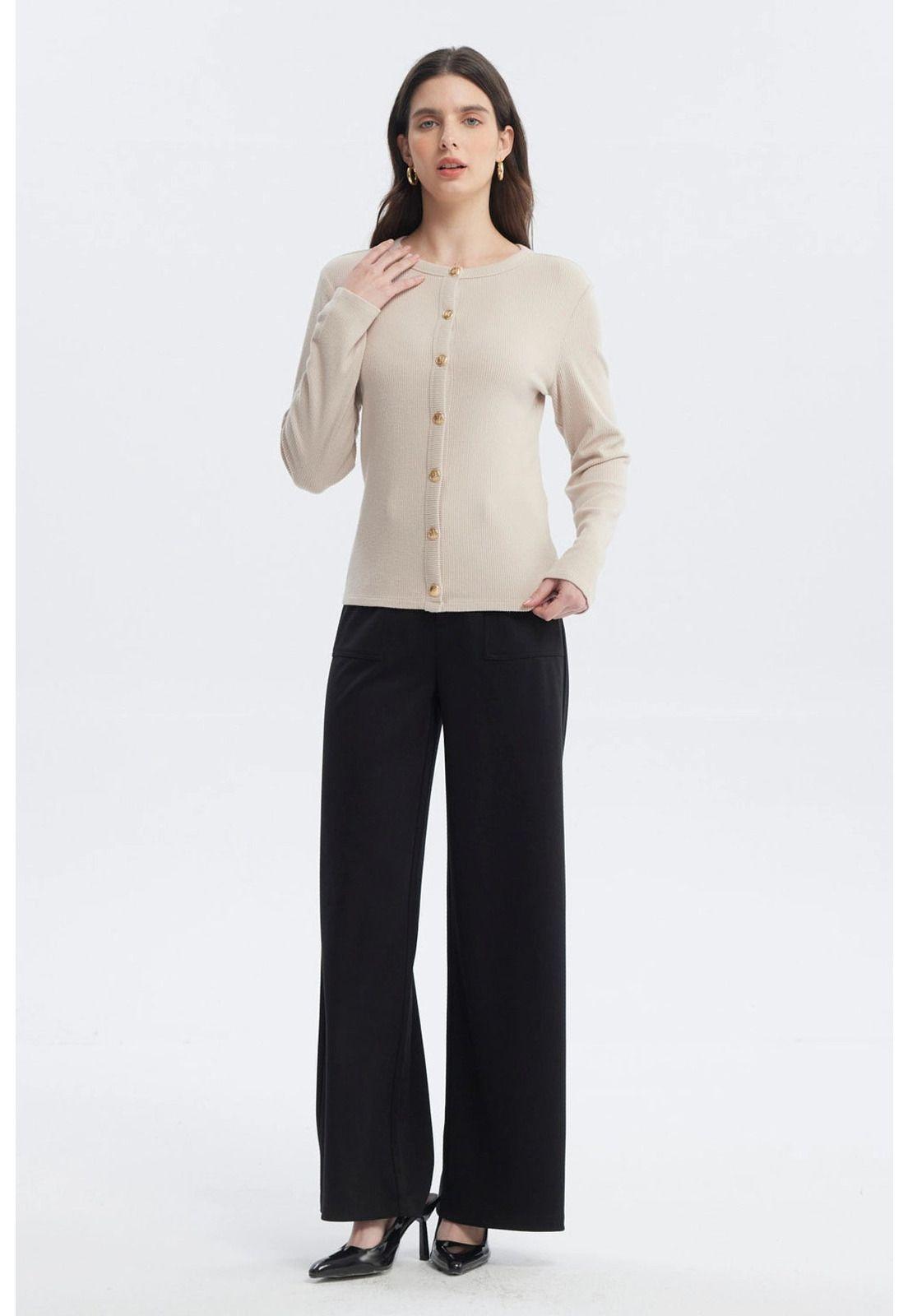 Sweater Mujer Aplicación Botones Beige-3