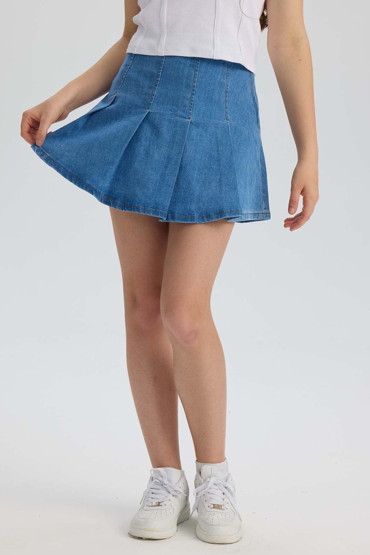 Falda Niña Tableada Denim Azul-0