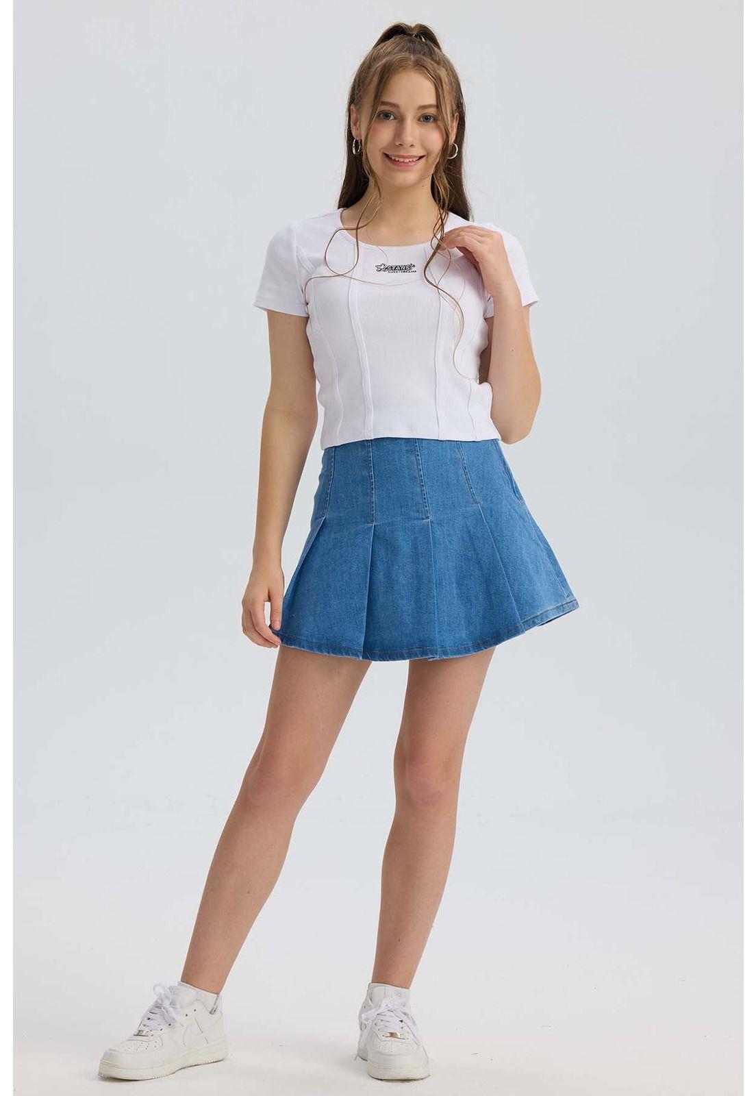 Falda Niña Tableada Denim Azul-3