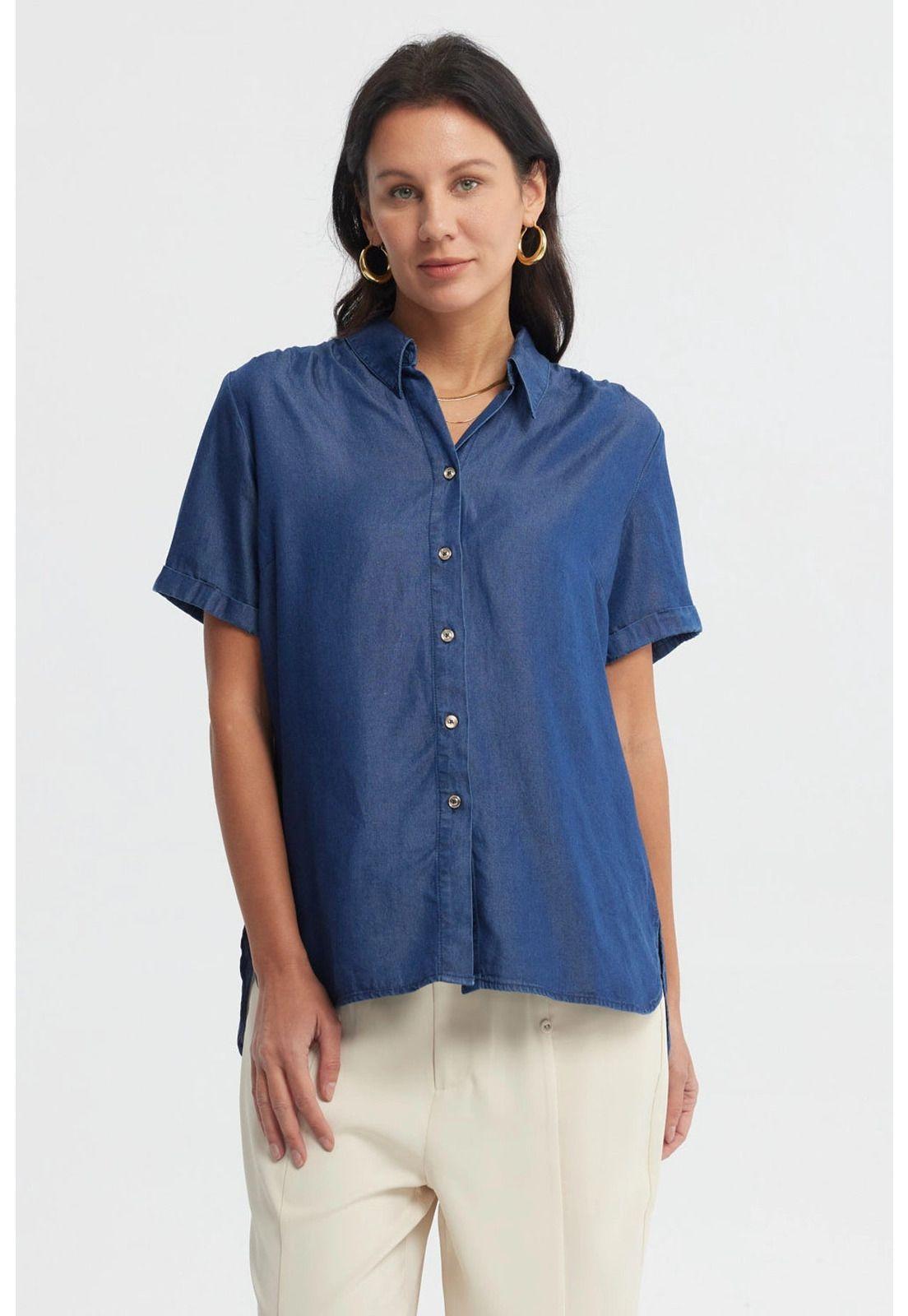Blusa Mujer Cuello Camisero Azul-0