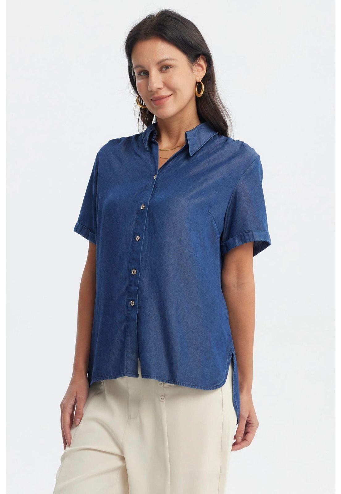 Blusa Mujer Cuello Camisero Azul-1