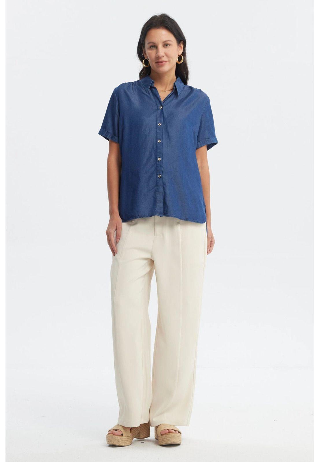 Blusa Mujer Cuello Camisero Azul-3