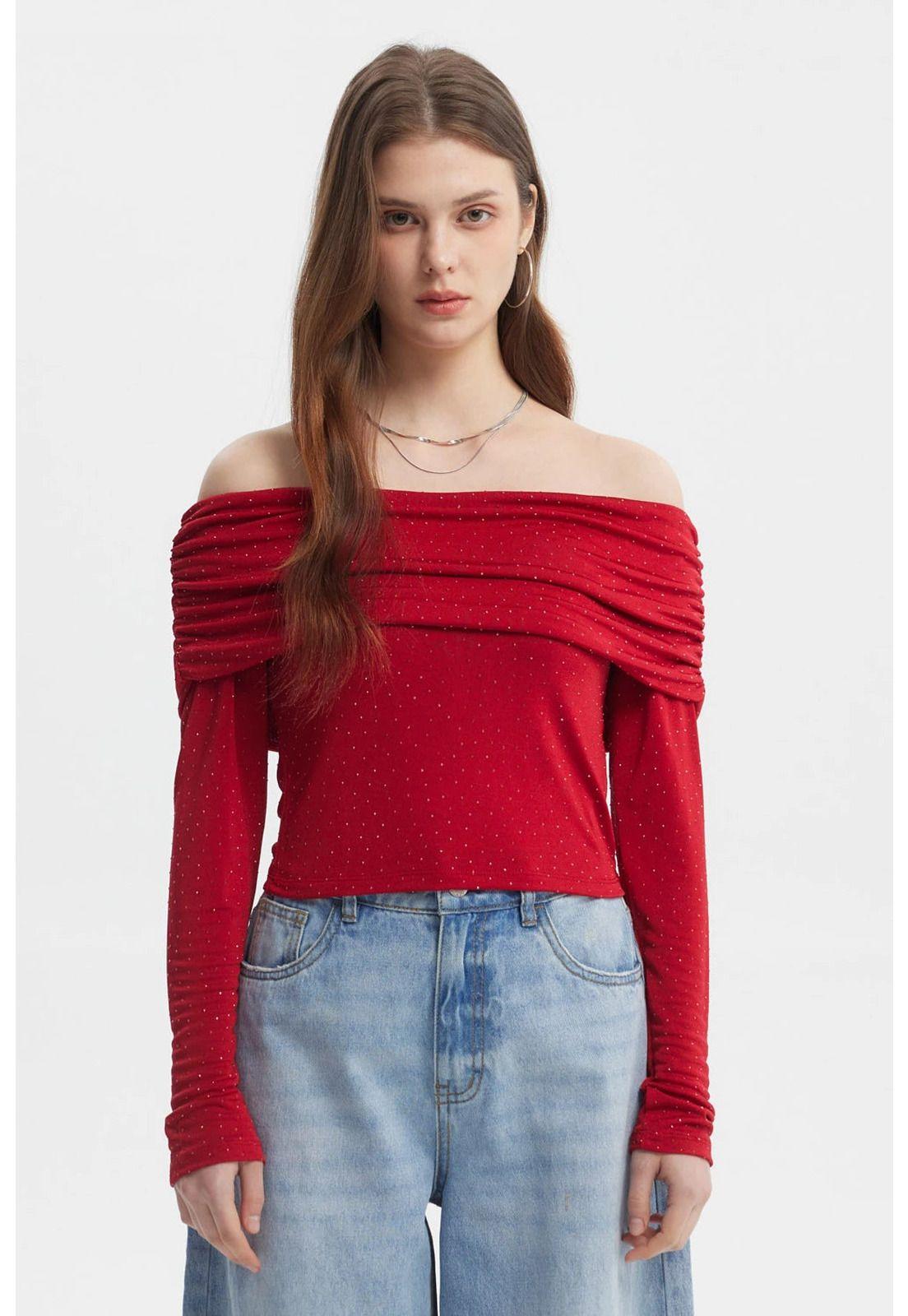 Polera Mujer Strass Rojo-0