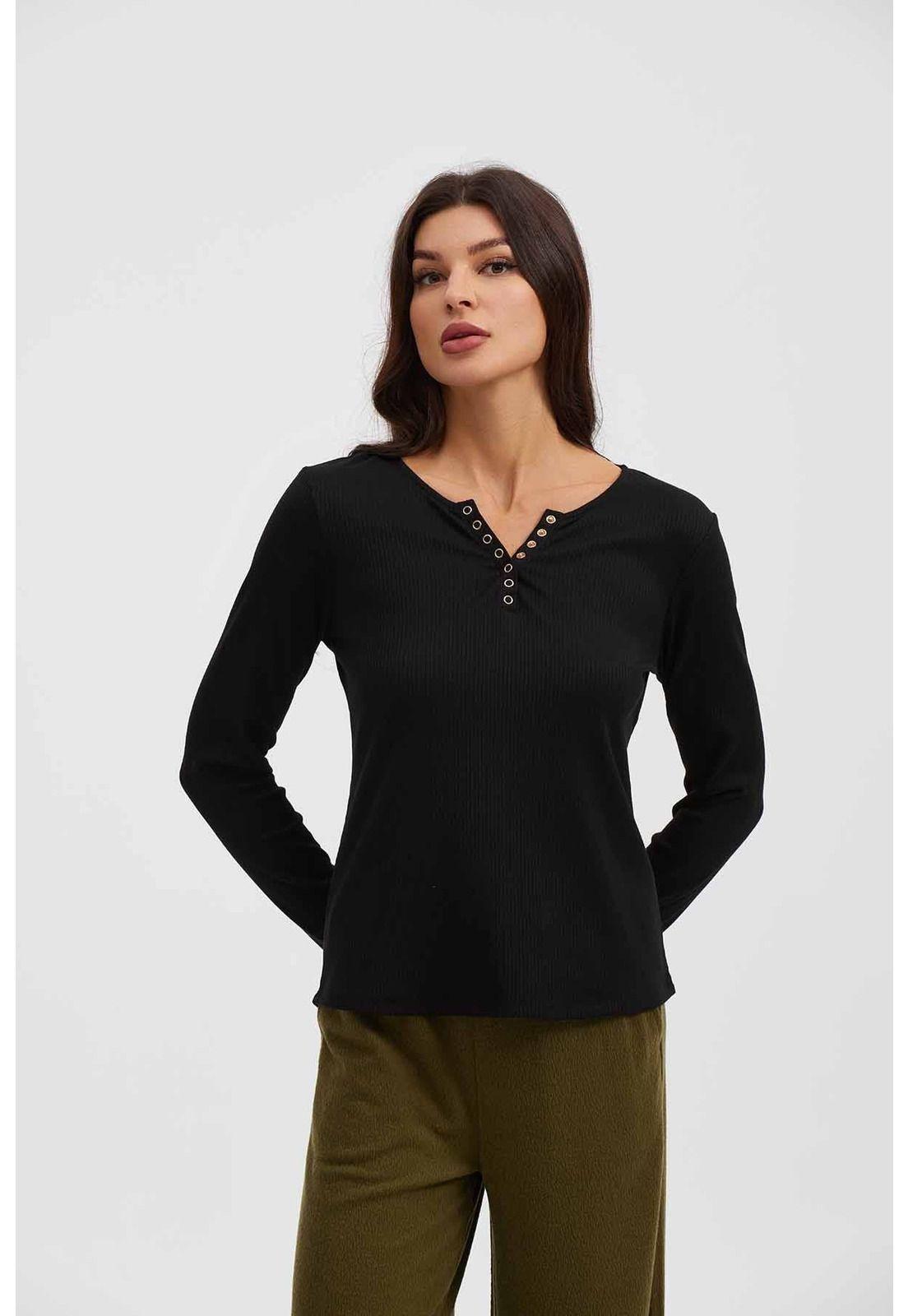 Polera Mujer Manga Larga Abertura En V Negro-0
