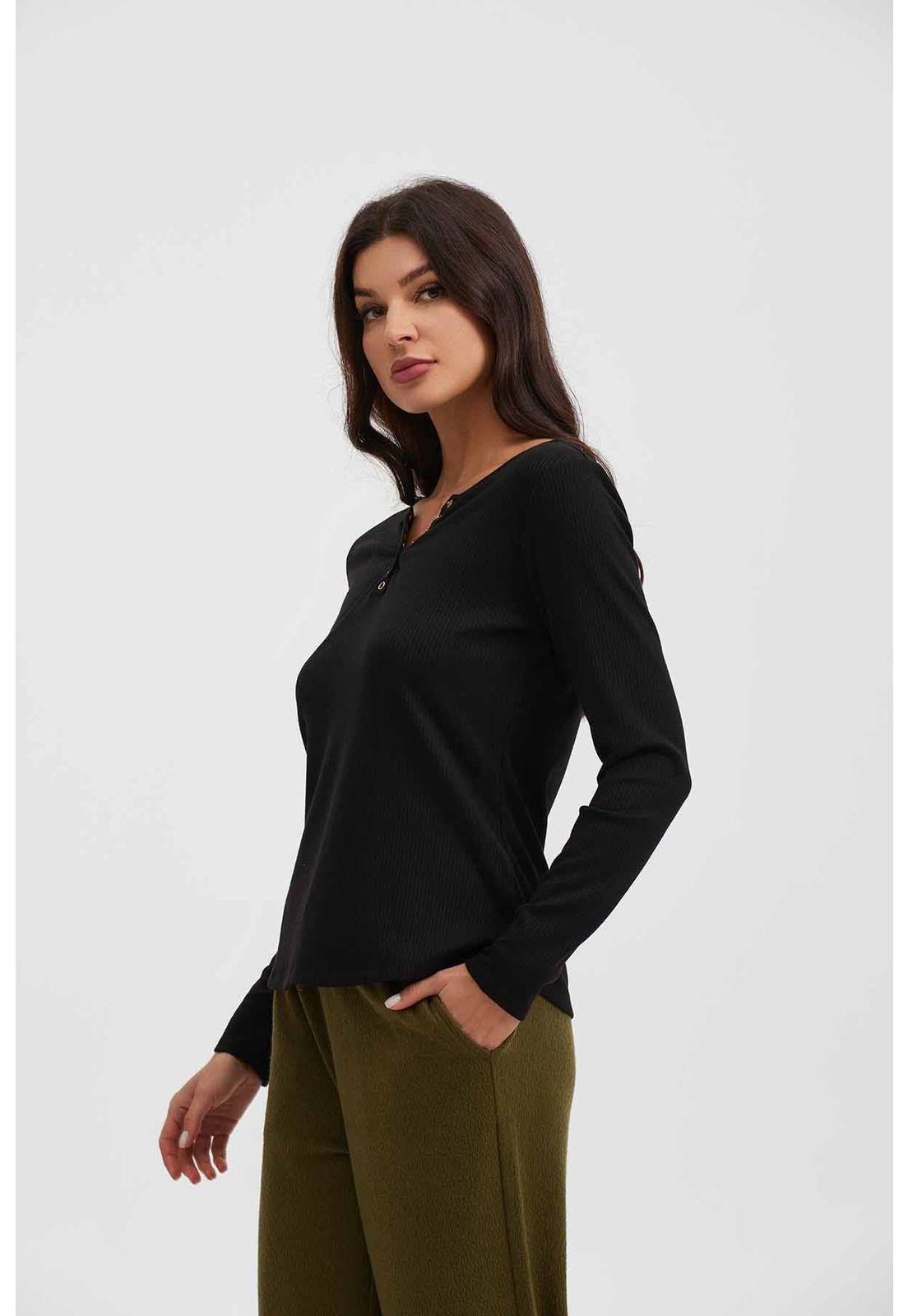 Polera Mujer Manga Larga Abertura En V Negro-1
