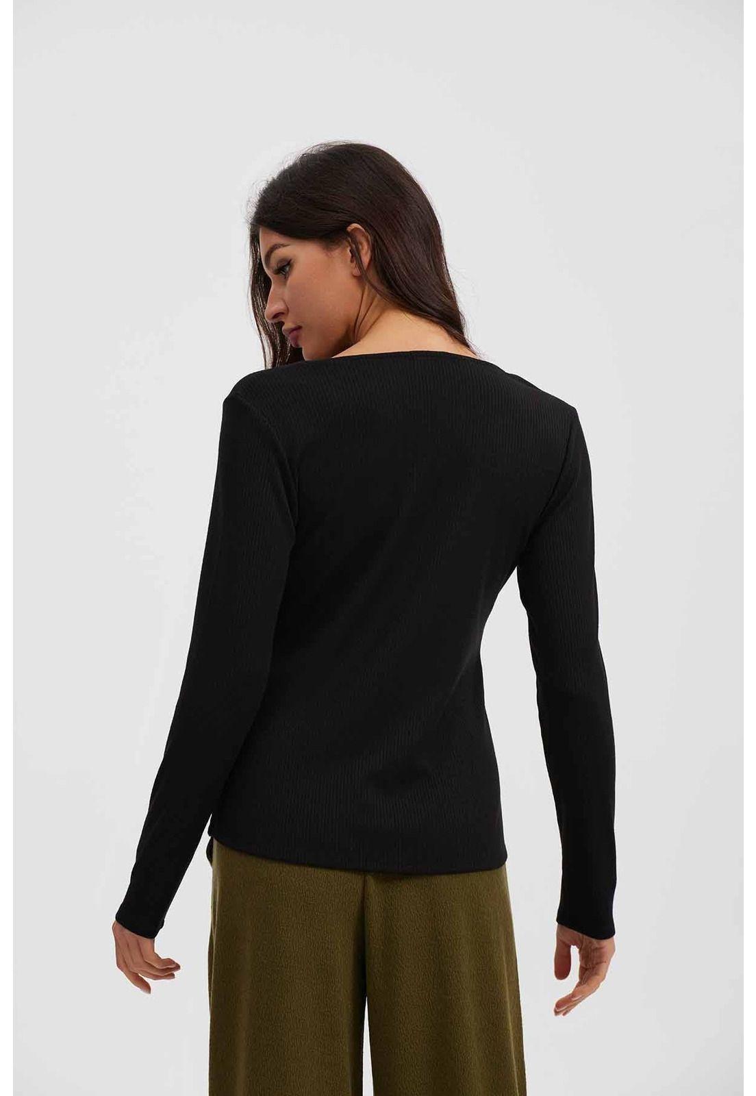 Polera Mujer Manga Larga Abertura En V Negro-2