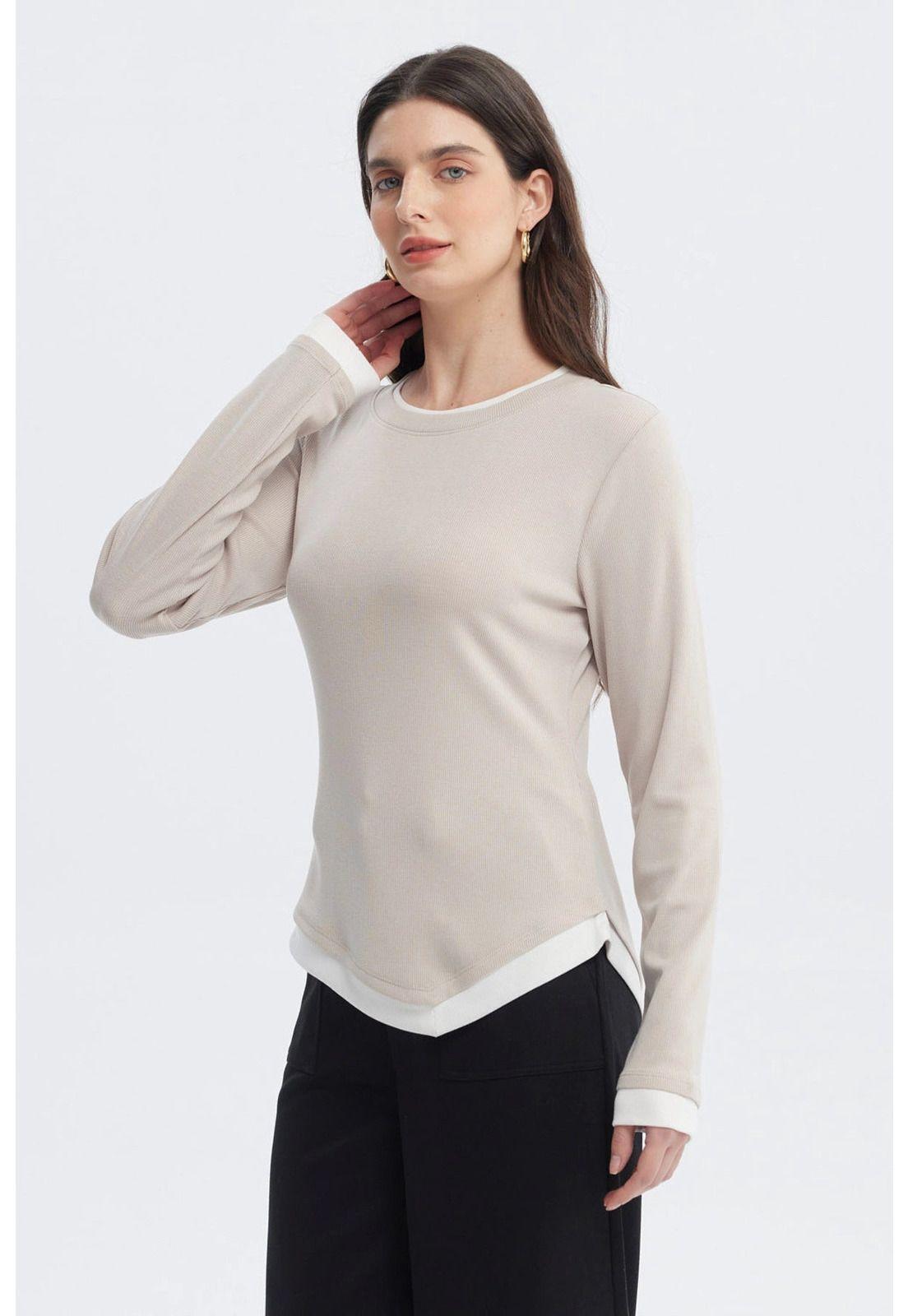 Polera Mujer Borde En Contraste Beige-1