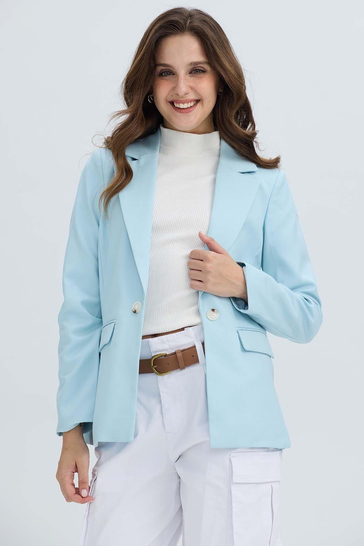 Blazer Mujer Largo 1 Botón Celeste Claro-1