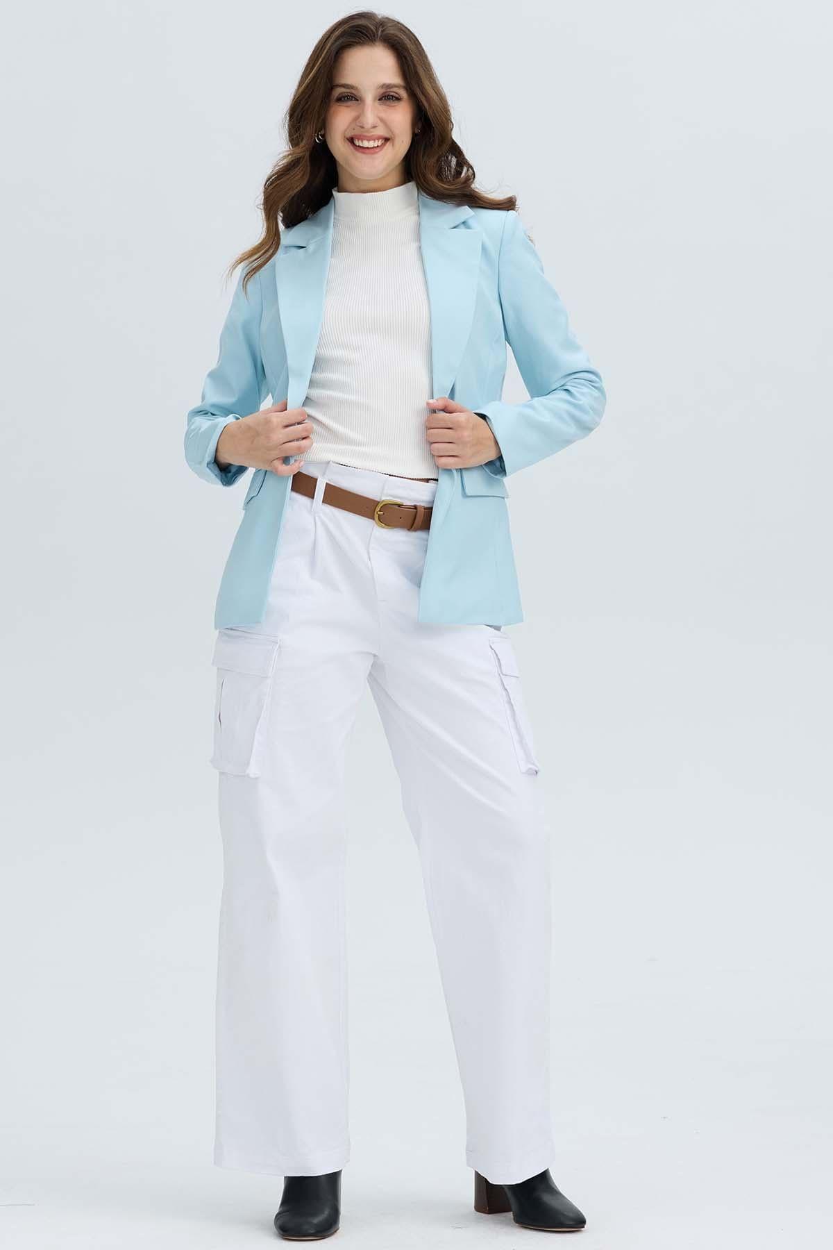 Blazer Mujer Largo 1 Botón Celeste Claro-3