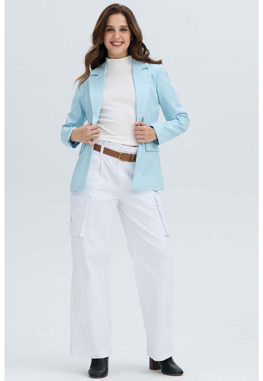 Blazer Mujer Largo 1 Botón Celeste Claro-3