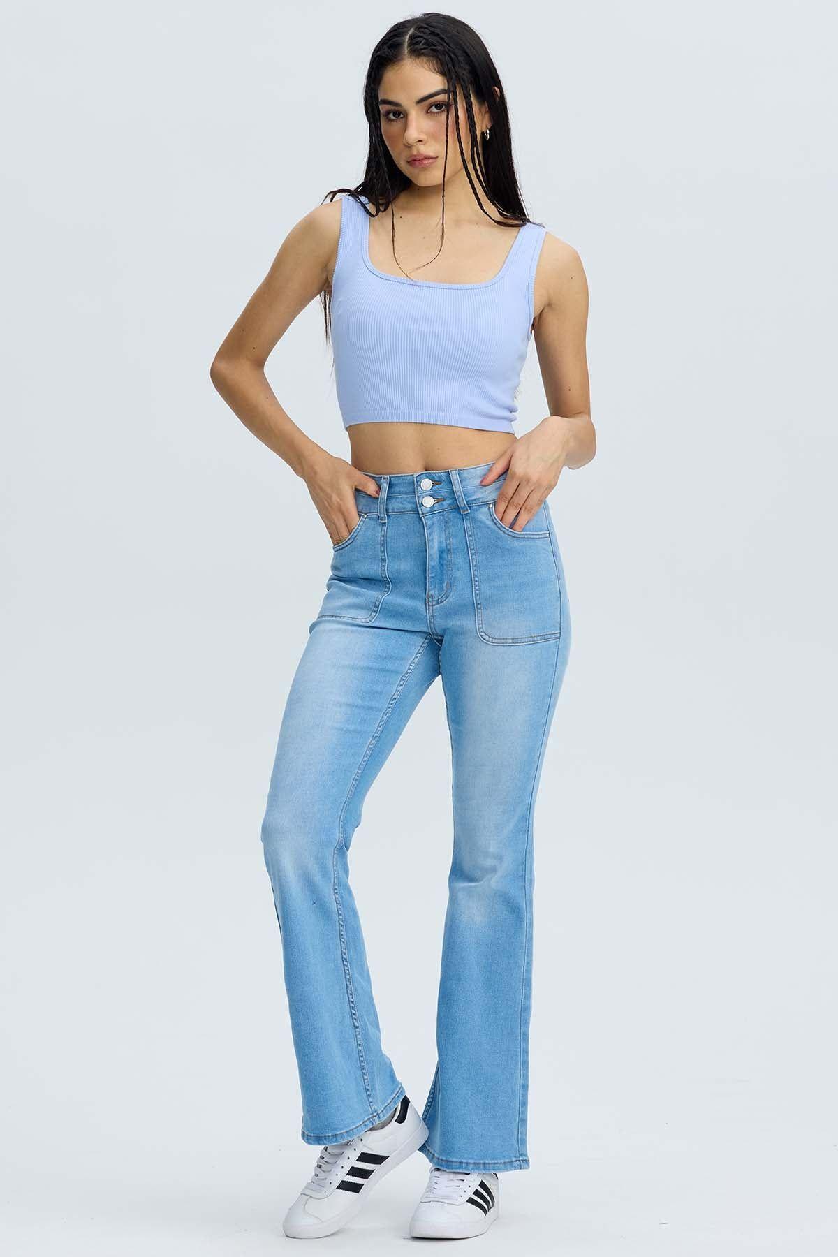 Jeans Mujer Flare Bolsillo Azul Claro-3