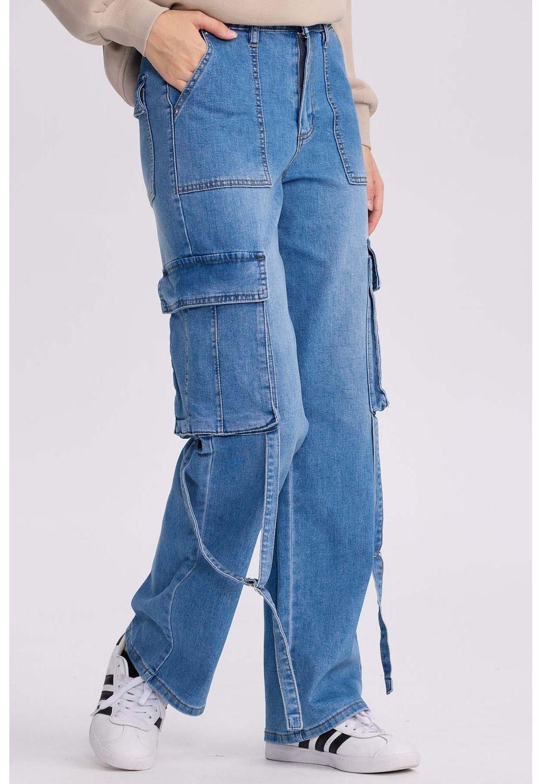 Jeans Mujer Calce Recto Cargo Azul-1