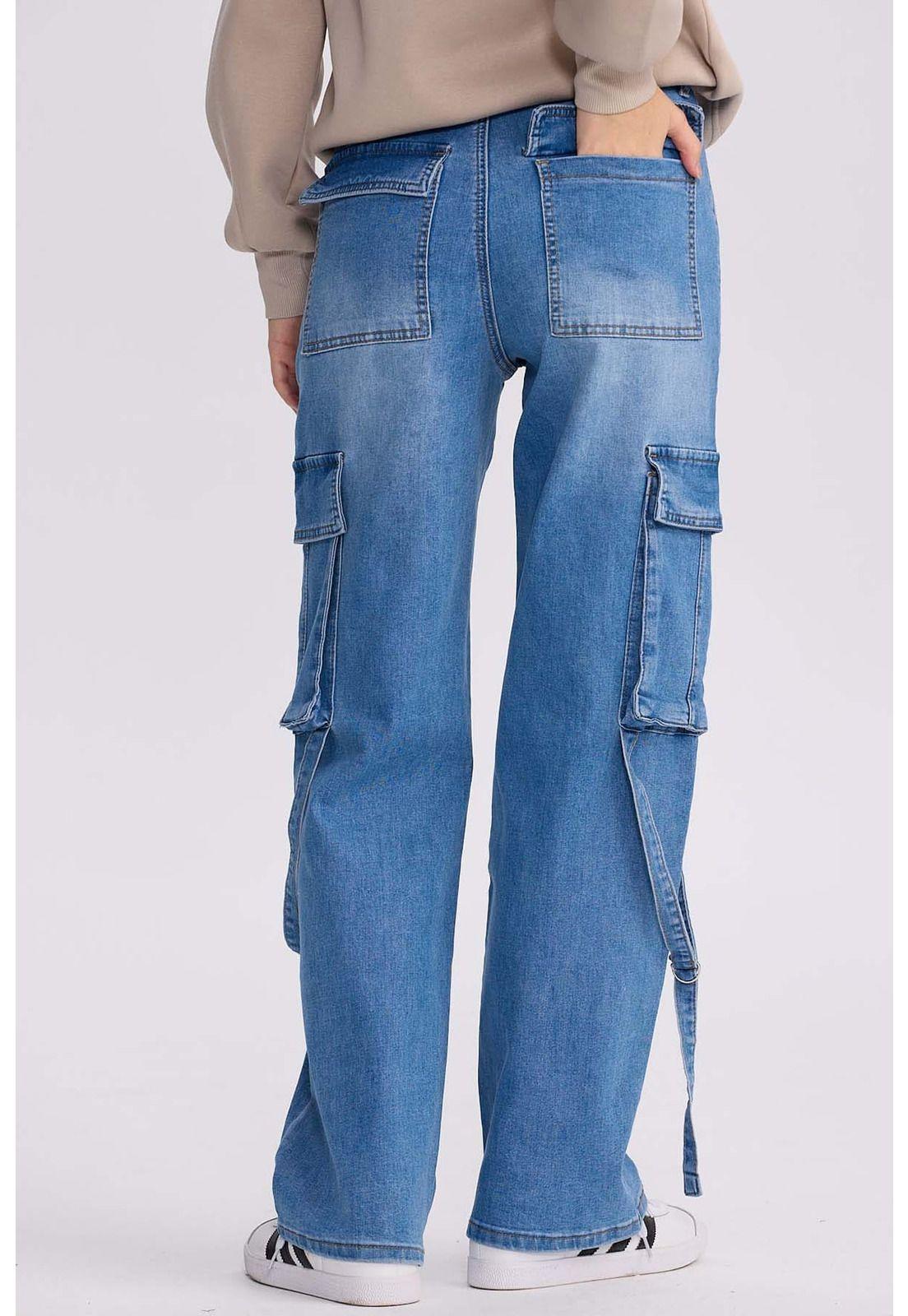 Jeans Mujer Calce Recto Cargo Azul-2