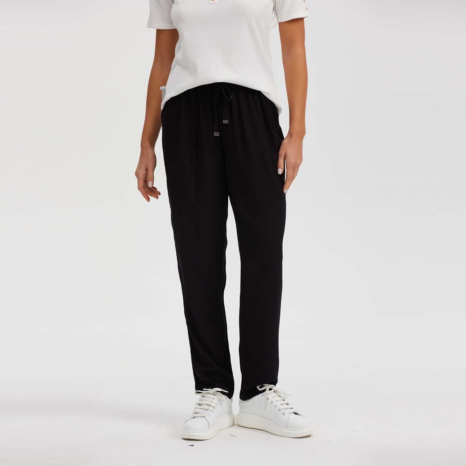Pantalón Mujer Recto Liso Cordones Negro-0