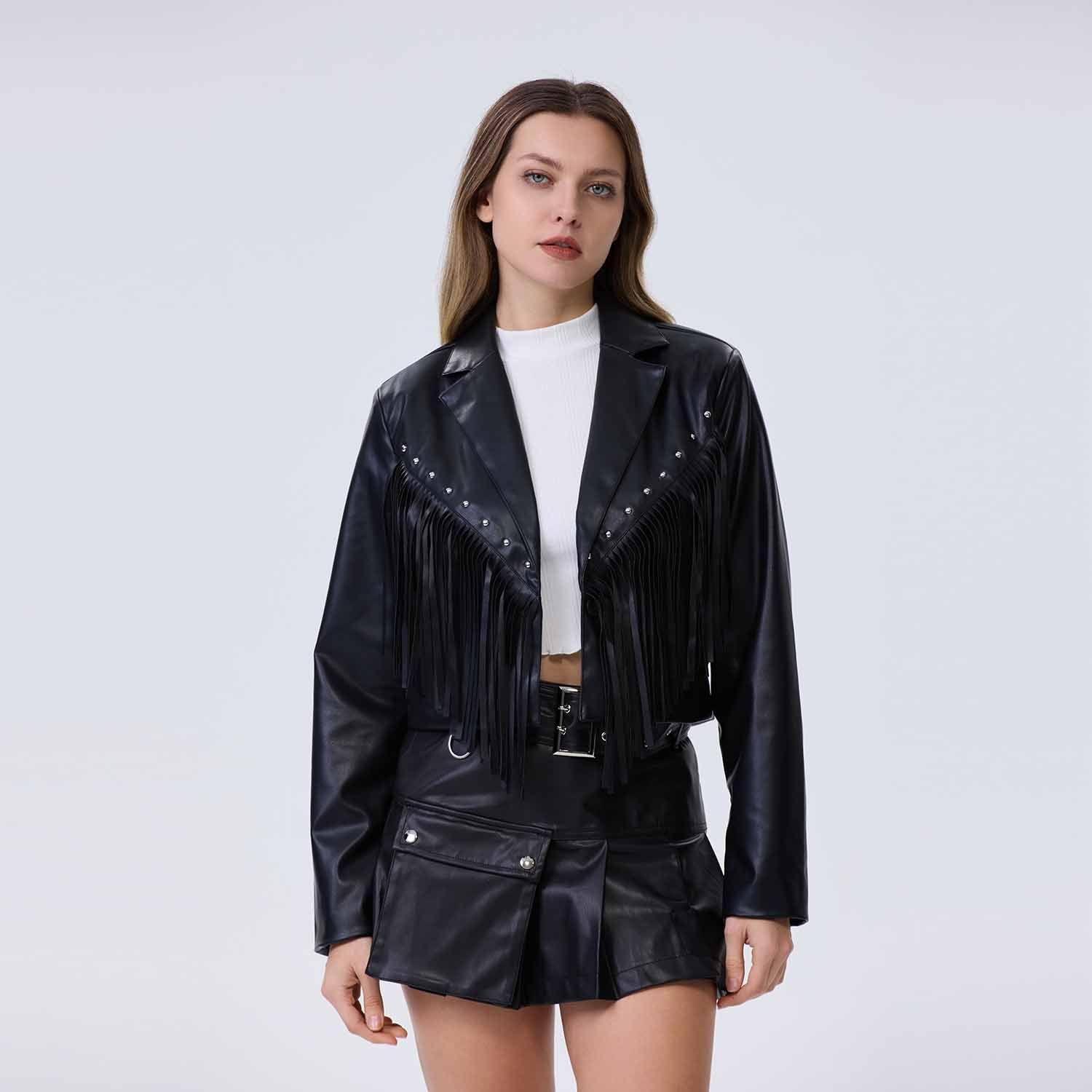 Chaqueta Mujer Pu Flecos Negro-1