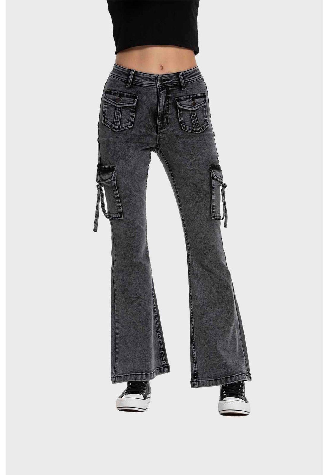 Jeans Mujer Flare Cargo Gris - ll-0