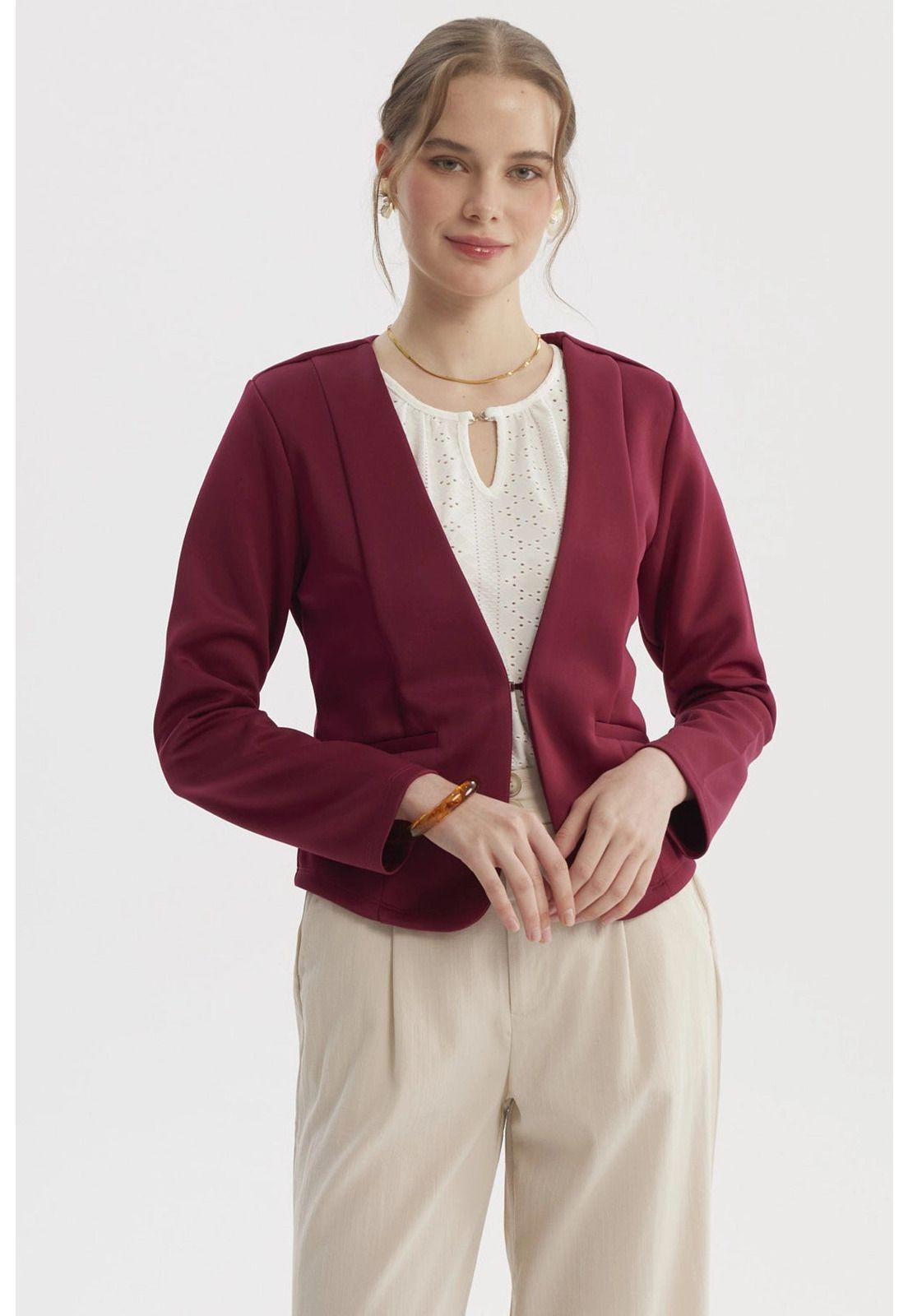 Blazer Mujer Sin Solapa Y Liso Vino-0