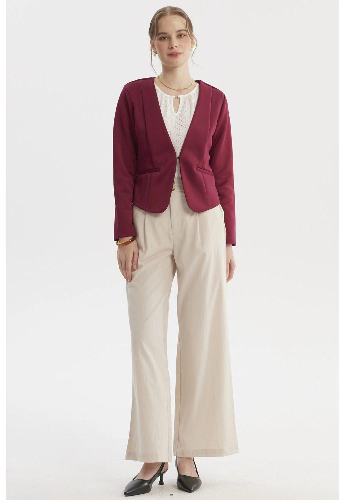 Blazer Mujer Sin Solapa Y Liso Vino-3