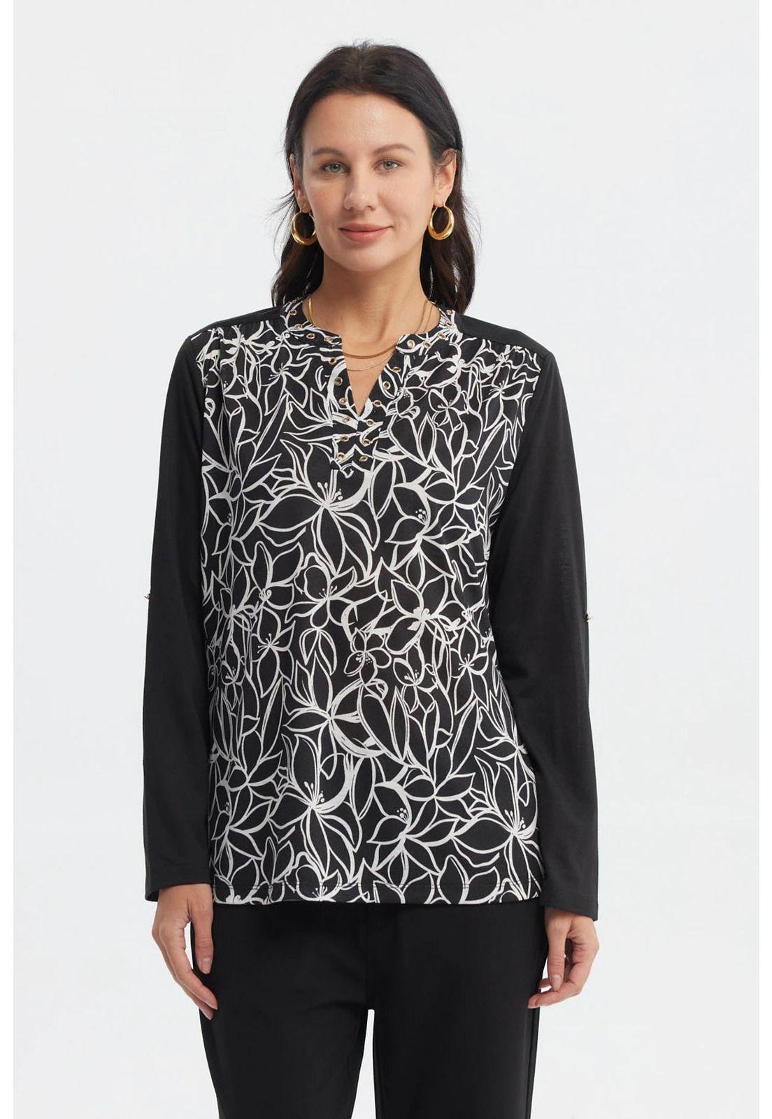 Polera Mujer Cuello Abotonado Negro / Blanco-0