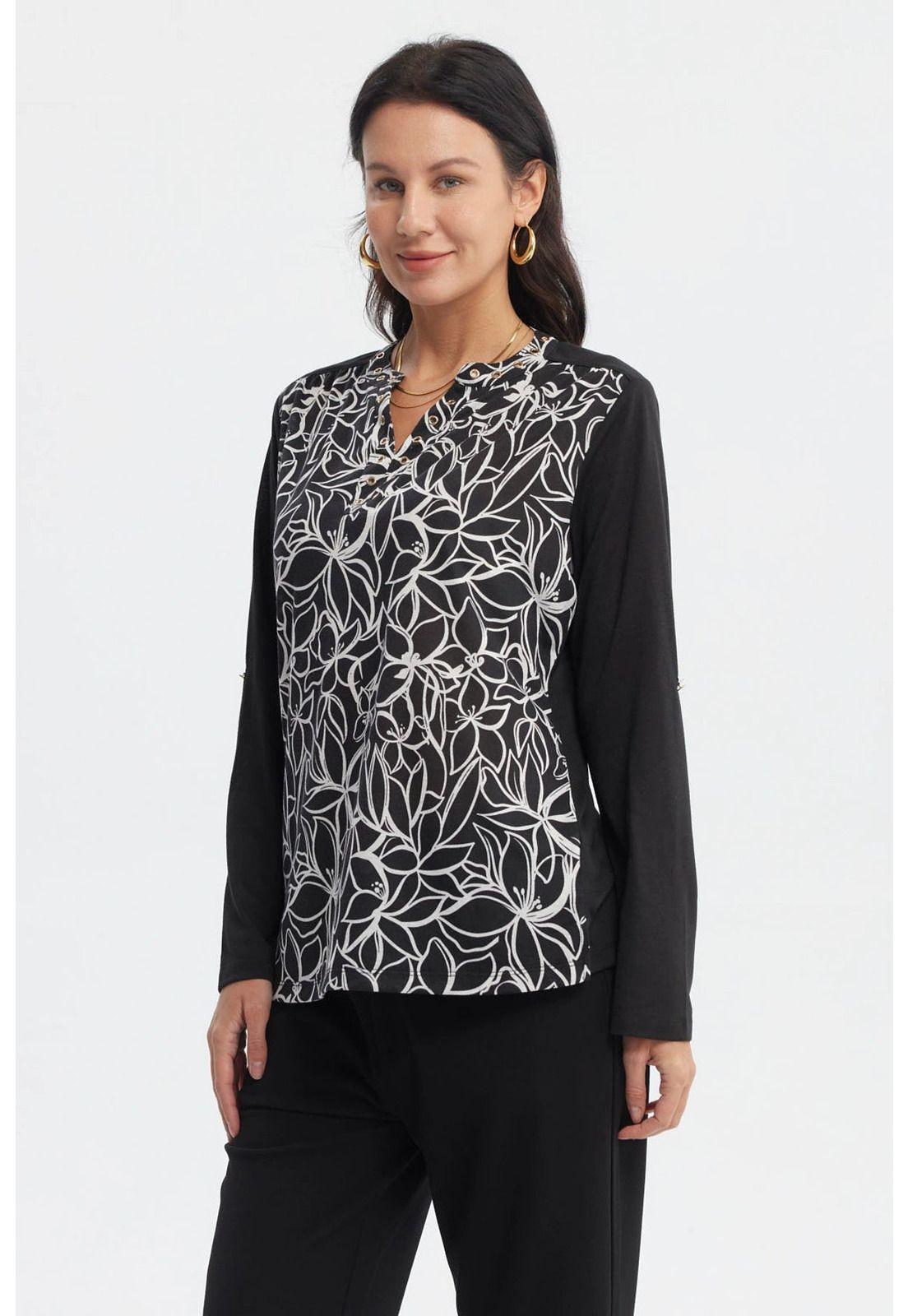 Polera Mujer Cuello Abotonado Negro / Blanco-1