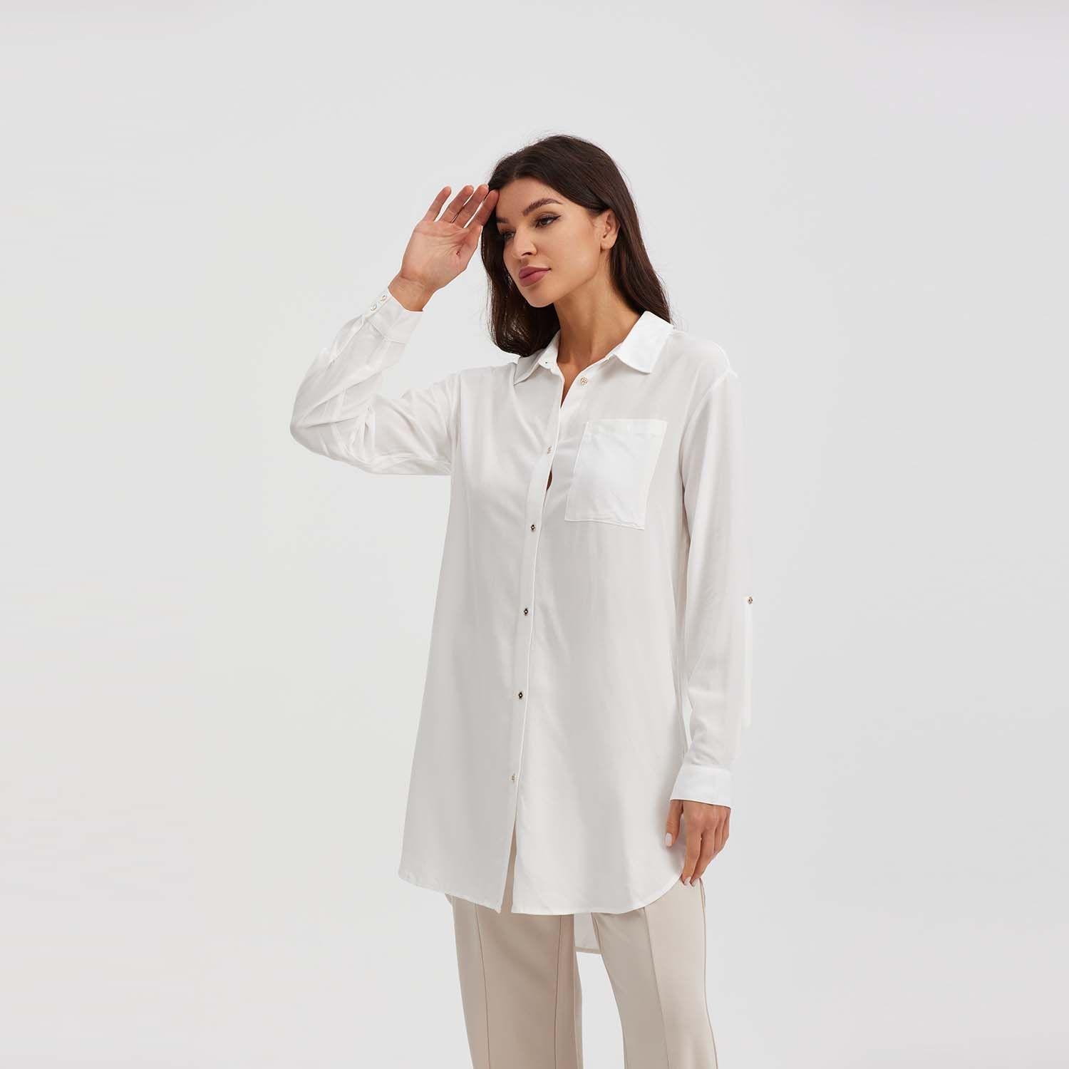 Blusa Mujer Larga Con Botón Parche Crudo-1