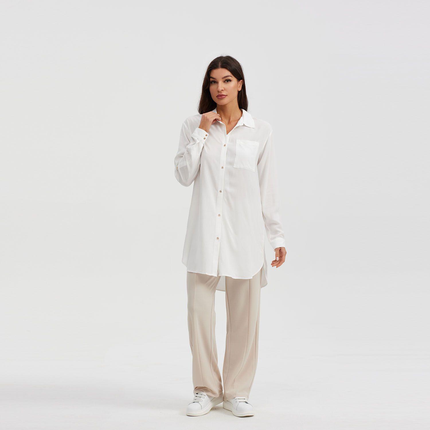 Blusa Mujer Larga Con Botón Parche Crudo-3