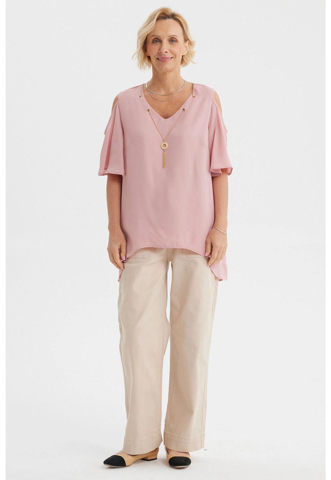 Blusa Mujer Flare Cuello V Palo Rosa-3