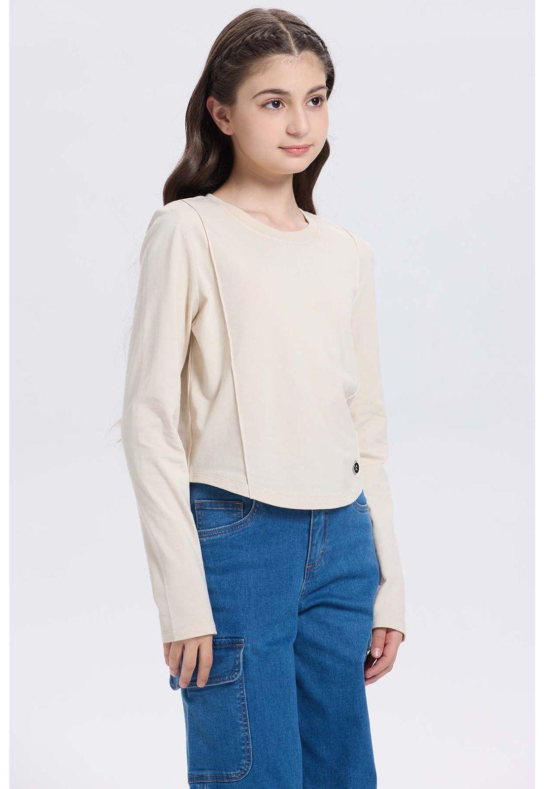 Polera Niña Con Costuras Y Print Beige-1