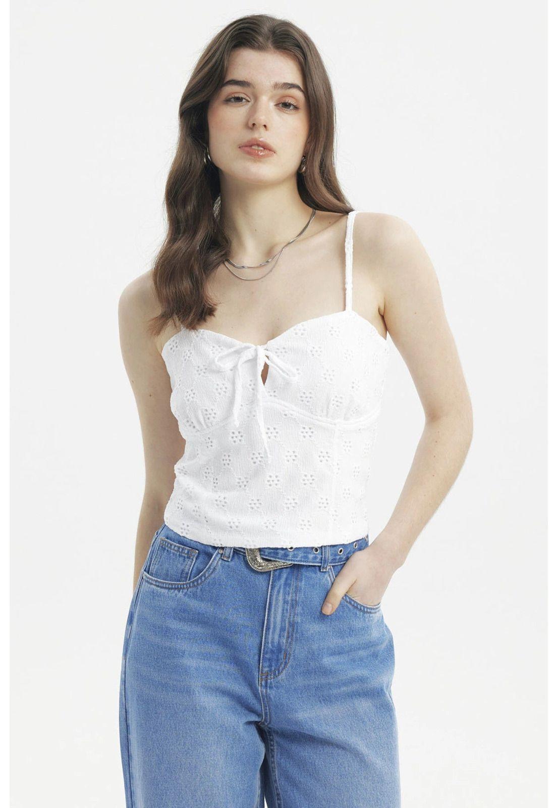 Polera Mujer Tirantes Crop Lazo En Escote Blanco-0