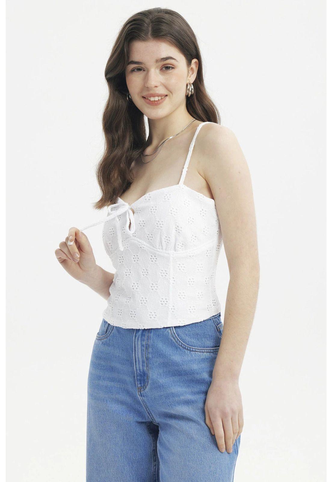 Polera Mujer Tirantes Crop Lazo En Escote Blanco-1